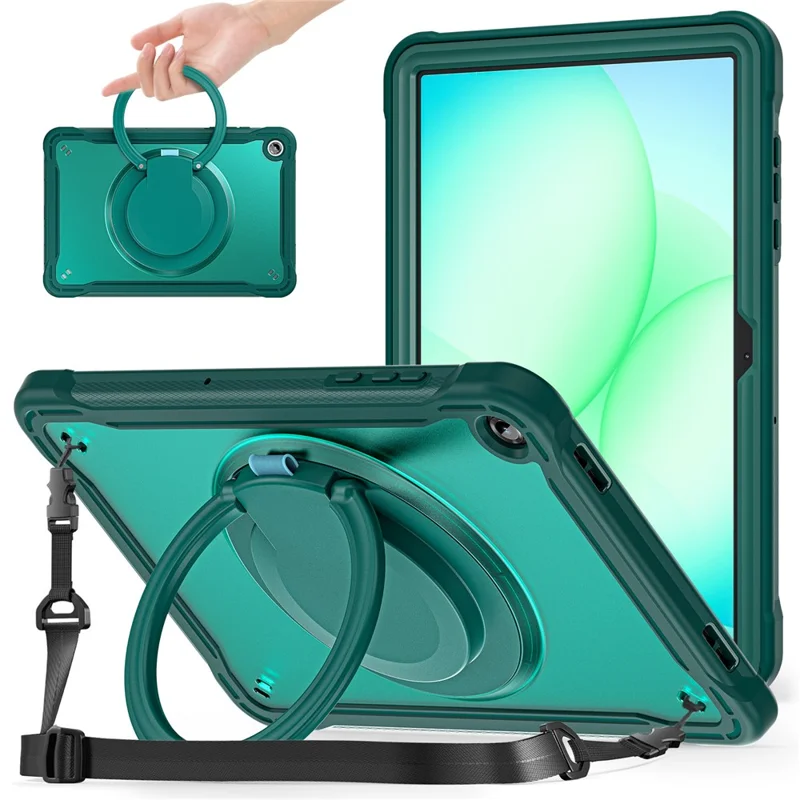 Samsung Galaxy Tab A11+ Hülle Drehbarer Ständer PC + TPU + Silikonhülle mit Schultergurt - Mitternachtsgrün