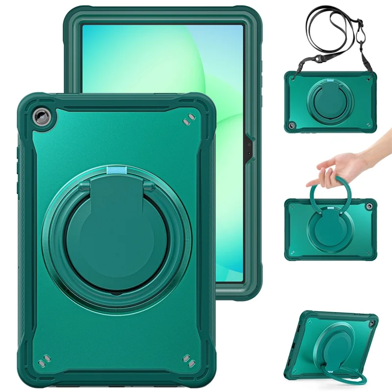 Samsung Galaxy Tab A11+ Hülle Drehbarer Ständer PC + TPU + Silikonhülle mit Schultergurt - Mitternachtsgrün