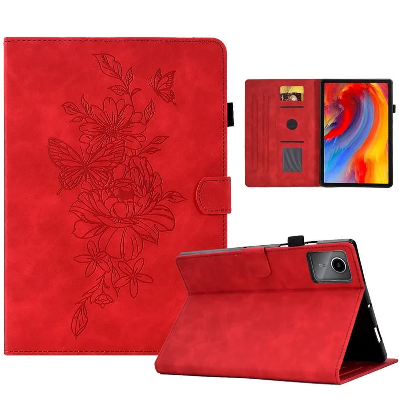 For Lenovo Xiaoxin Pad 12.1 (2025) Case Flower Butterfly Imprinted Card Slots Leather Cover - Red
