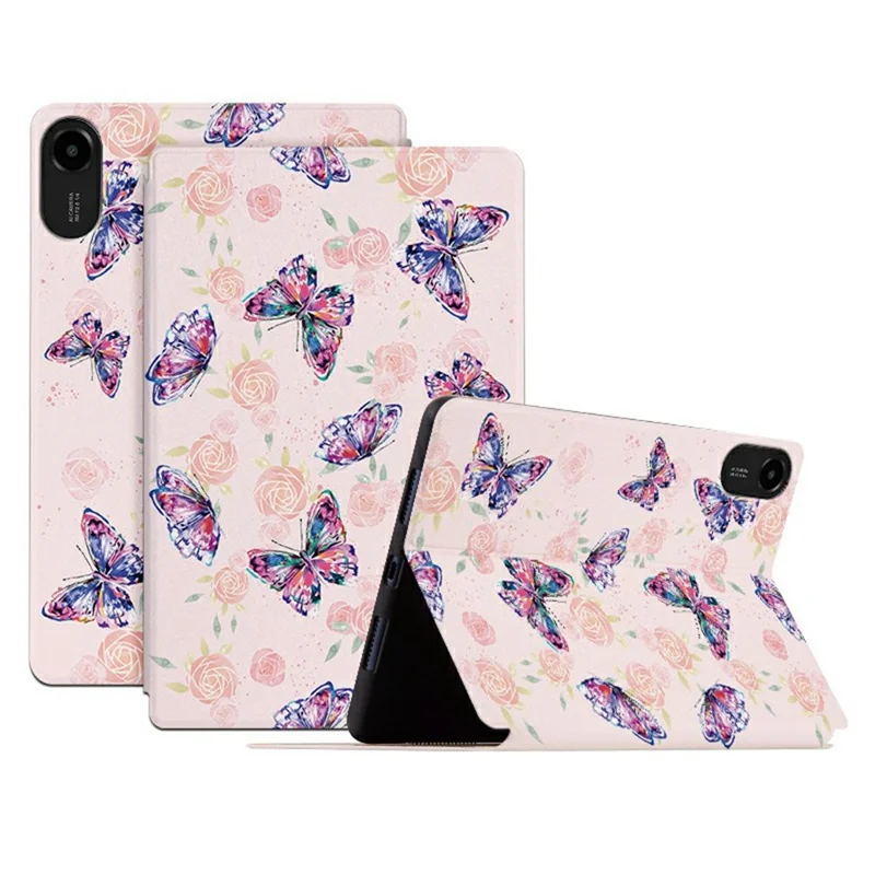 Capa Protetora para Tablet Xiaomi Redmi Pad 2 de Couro PU com Estampa de Borboleta, Suporte e Capa Dobrável - Borboleta Rosa