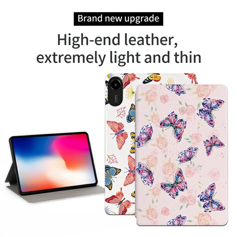 Capa Protetora para Tablet Xiaomi Redmi Pad 2 de Couro PU com Estampa de Borboleta, Suporte e Capa Dobrável - Borboleta Rosa