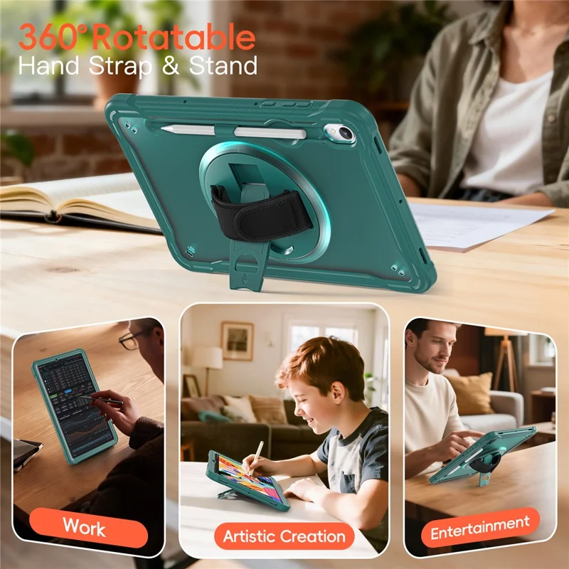 Til Samsung Galaxy Tab S11 Task Case med Støtte og Rotationshåndloe af PC + TPU + Silikone - Mørk Grøn