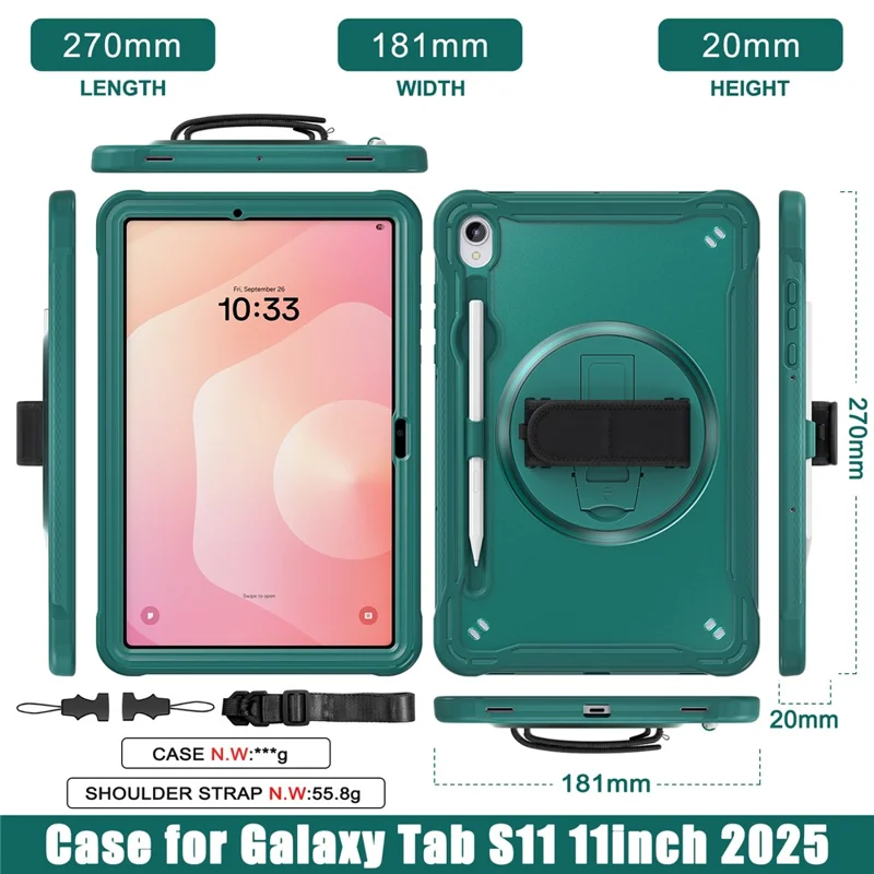 Til Samsung Galaxy Tab S11 Task Case med Støtte og Rotationshåndloe af PC + TPU + Silikone - Mørk Grøn