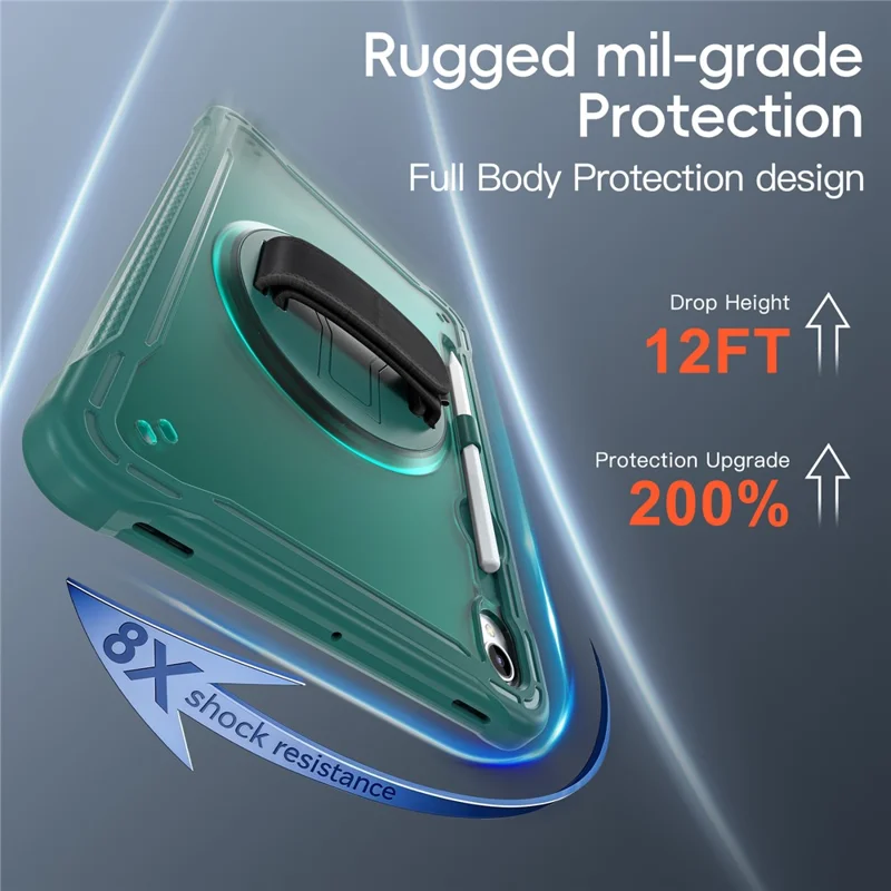 Til Samsung Galaxy Tab S11 Task Case med Støtte og Rotationshåndloe af PC + TPU + Silikone - Mørk Grøn