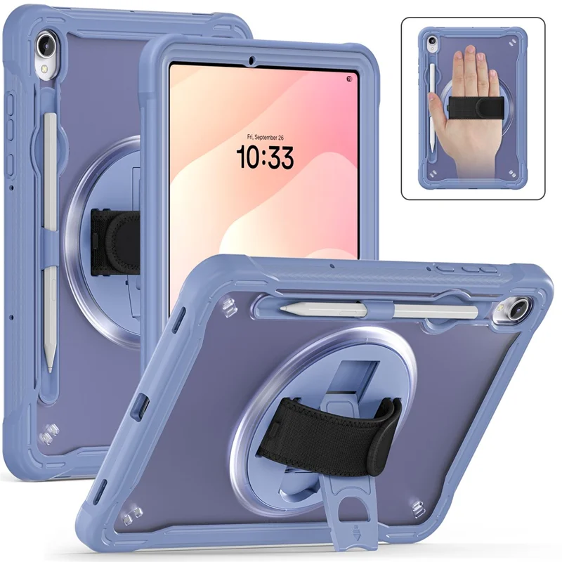 For Samsung Galaxy Tab S11 Case Kickstand PC + TPU + Silicone Tablet Cover with Rotary Hand Strap - Lavender Grey