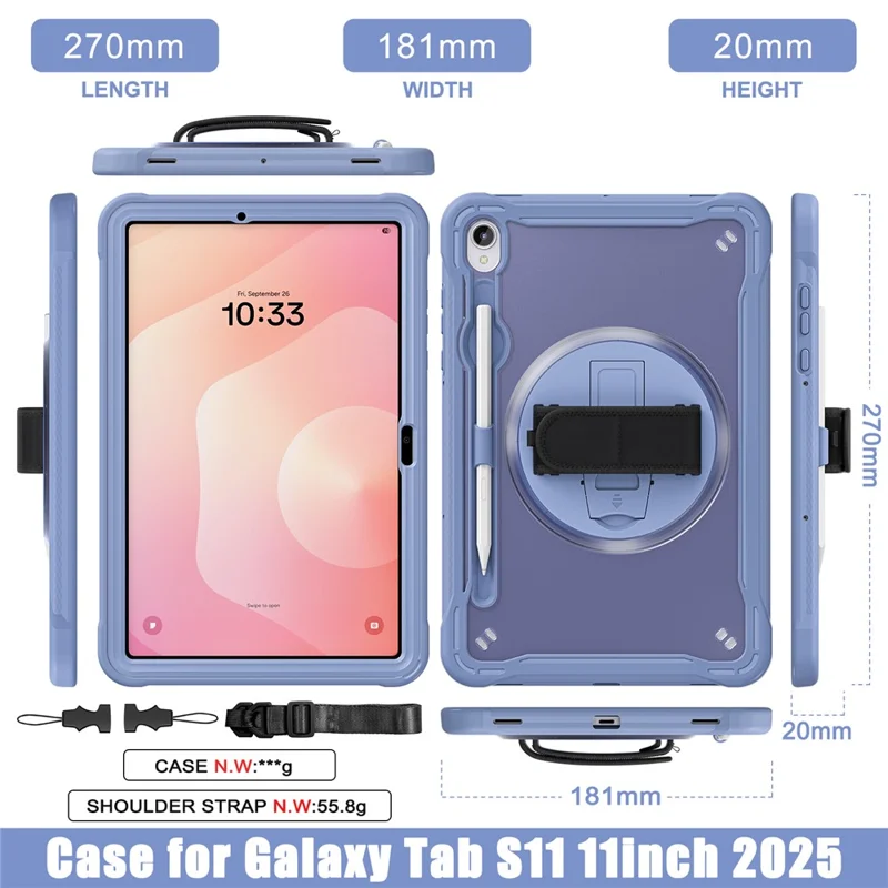 For Samsung Galaxy Tab S11 Case Kickstand PC + TPU + Silicone Tablet Cover with Rotary Hand Strap - Lavender Grey