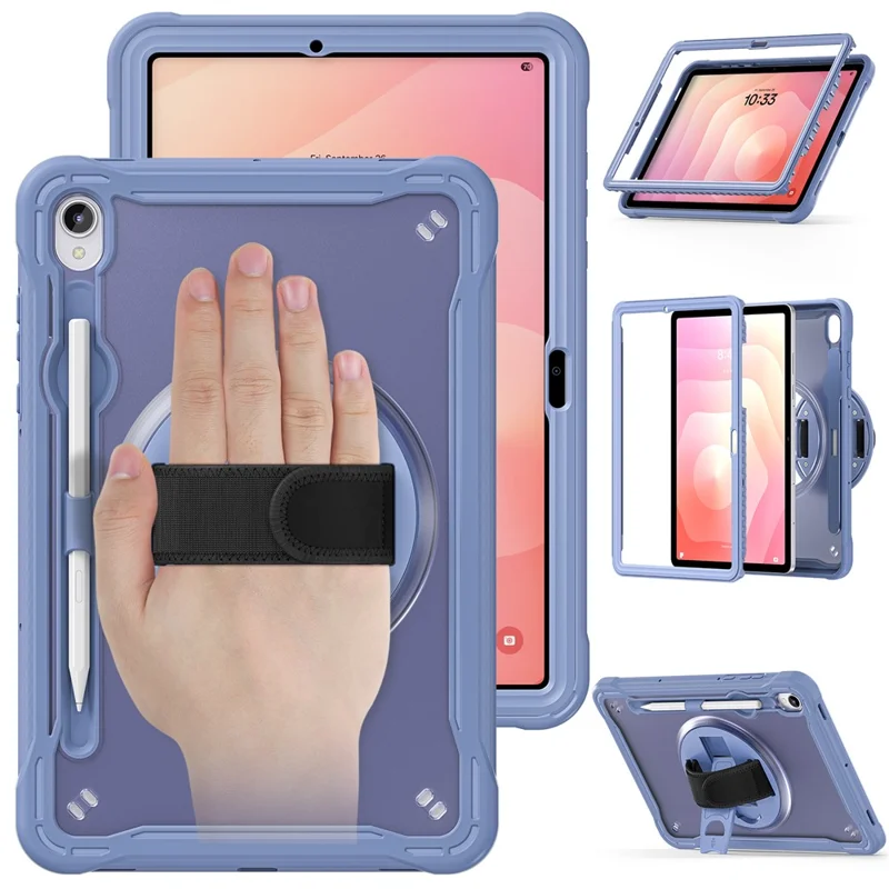 For Samsung Galaxy Tab S11 Case Kickstand PC + TPU + Silicone Tablet Cover with Rotary Hand Strap - Lavender Grey