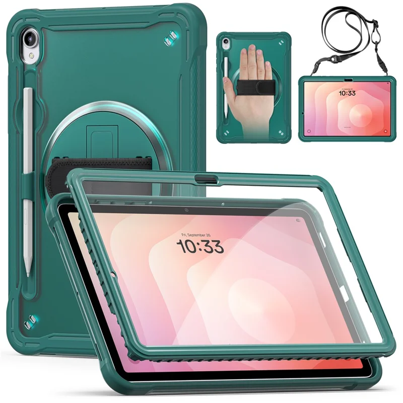 Custodia per Samsung Galaxy Tab S11 con cinturino da polso, supporto, copertura in PC + TPU + silicone con cinturino per spalla - Verde mezzanotte
