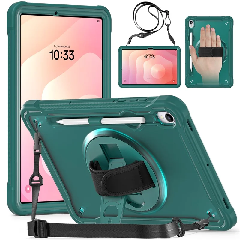 Custodia per Samsung Galaxy Tab S11 con cinturino da polso, supporto, copertura in PC + TPU + silicone con cinturino per spalla - Verde mezzanotte