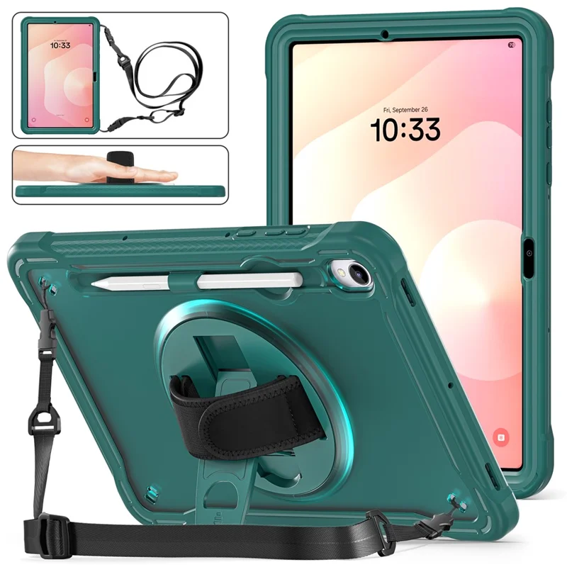 Custodia per Samsung Galaxy Tab S11 con cinturino da polso, supporto, copertura in PC + TPU + silicone con cinturino per spalla - Verde mezzanotte