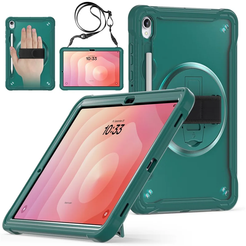 Custodia per Samsung Galaxy Tab S11 con cinturino da polso, supporto, copertura in PC + TPU + silicone con cinturino per spalla - Verde mezzanotte