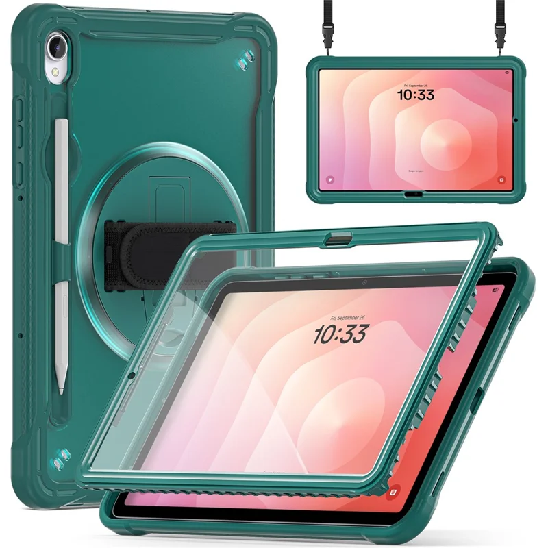 Custodia per Samsung Galaxy Tab S11 con cinturino da polso, supporto, copertura in PC + TPU + silicone con cinturino per spalla - Verde mezzanotte