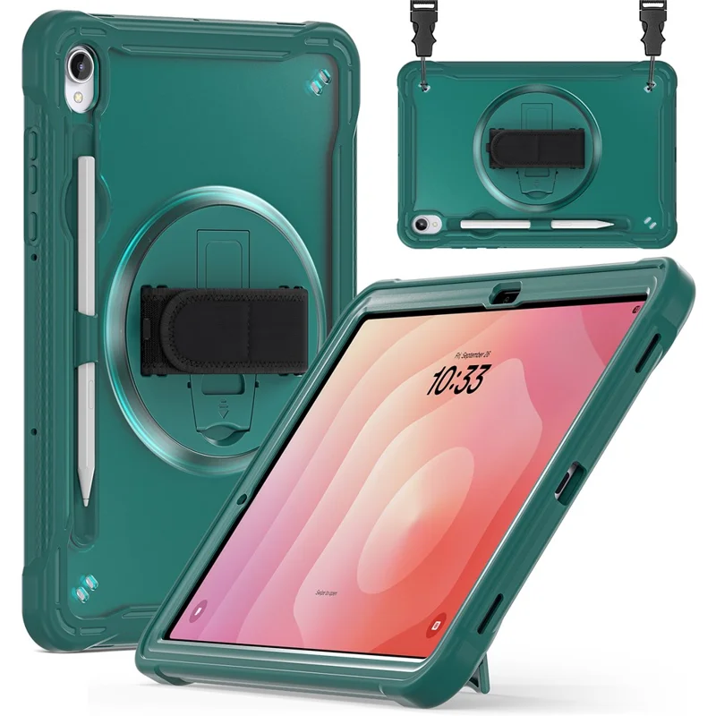 Custodia per Samsung Galaxy Tab S11 con cinturino da polso, supporto, copertura in PC + TPU + silicone con cinturino per spalla - Verde mezzanotte