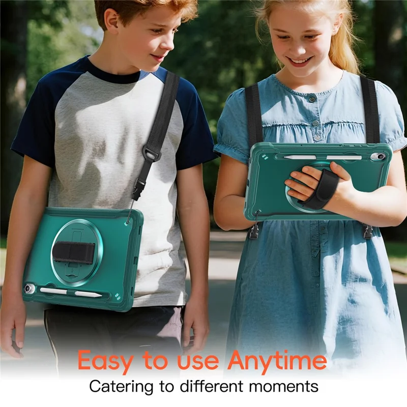 Custodia per Samsung Galaxy Tab S11 con cinturino da polso, supporto, copertura in PC + TPU + silicone con cinturino per spalla - Verde mezzanotte