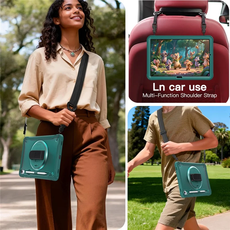 Custodia per Samsung Galaxy Tab S11 con cinturino da polso, supporto, copertura in PC + TPU + silicone con cinturino per spalla - Verde mezzanotte