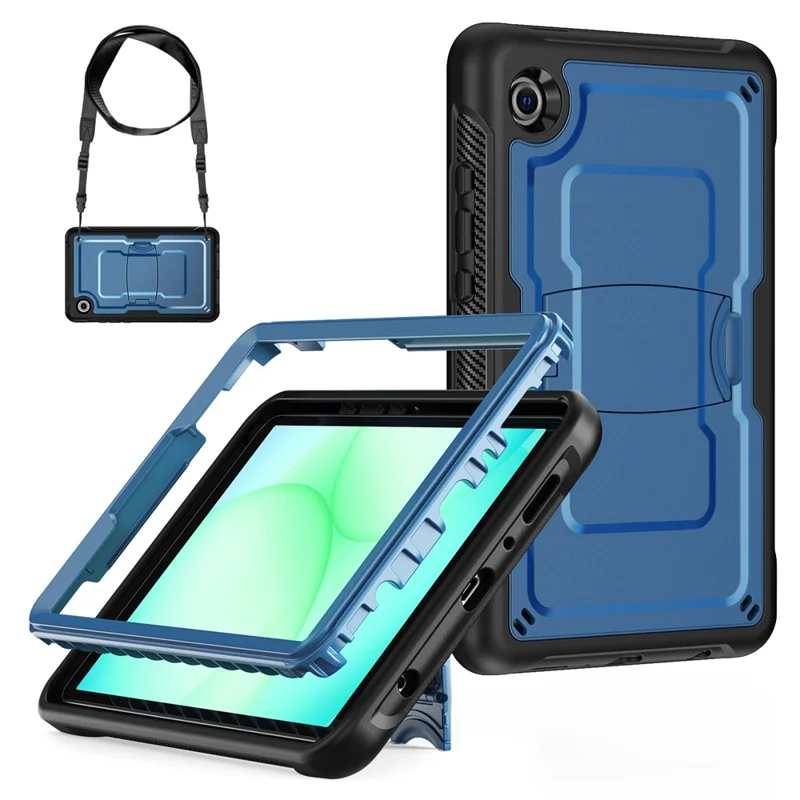 For Samsung Galaxy Tab A11 / A9 Case Hidden Zinc Alloy Kickstand PC + TPE Tablet Cover with Shoulder Strap - Navy Blue