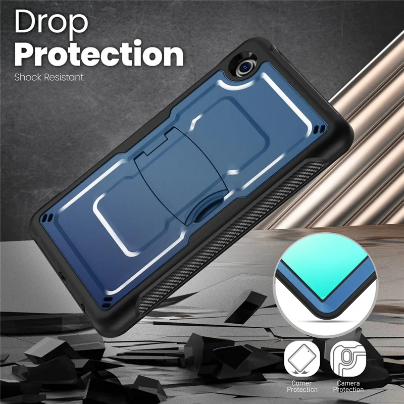 For Samsung Galaxy Tab A11 / A9 Case Hidden Zinc Alloy Kickstand PC + TPE Tablet Cover with Shoulder Strap - Navy Blue