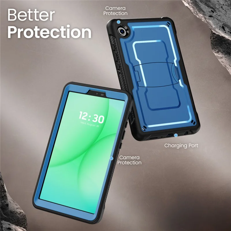 For Samsung Galaxy Tab A11 / A9 Case Hidden Zinc Alloy Kickstand PC + TPE Tablet Cover with Shoulder Strap - Navy Blue