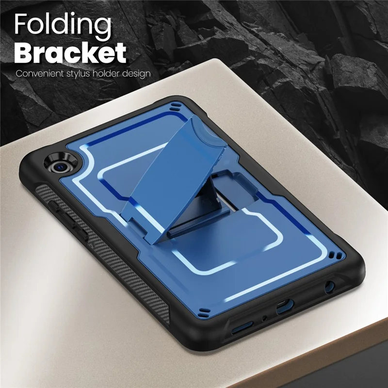 For Samsung Galaxy Tab A11 / A9 Case Hidden Zinc Alloy Kickstand PC + TPE Tablet Cover with Shoulder Strap - Navy Blue