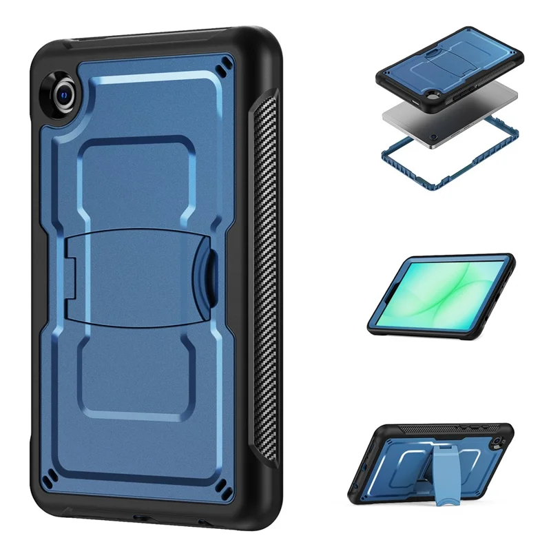 For Samsung Galaxy Tab A11 / A9 Case Hidden Zinc Alloy Kickstand PC + TPE Tablet Cover with Shoulder Strap - Navy Blue
