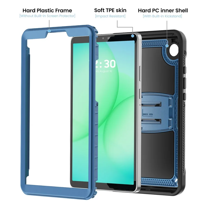 For Samsung Galaxy Tab A11 / A9 Case Hidden Zinc Alloy Kickstand PC + TPE Tablet Cover with Shoulder Strap - Navy Blue
