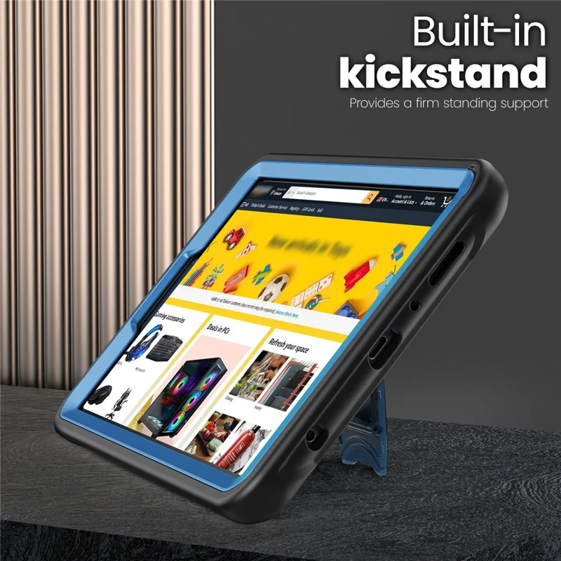 For Samsung Galaxy Tab A11 / A9 Case Hidden Zinc Alloy Kickstand PC + TPE Tablet Cover with Shoulder Strap - Navy Blue