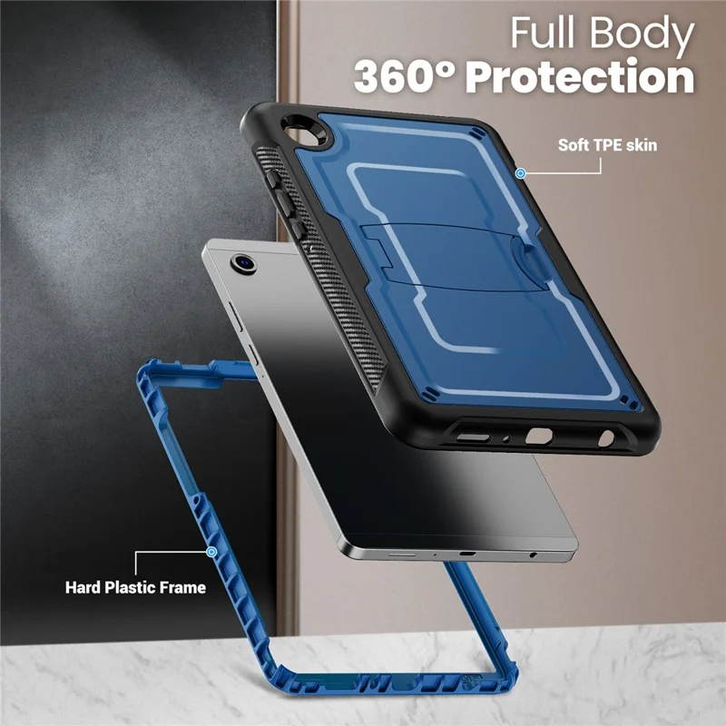 For Samsung Galaxy Tab A11 / A9 Case Hidden Zinc Alloy Kickstand PC + TPE Tablet Cover with Shoulder Strap - Navy Blue
