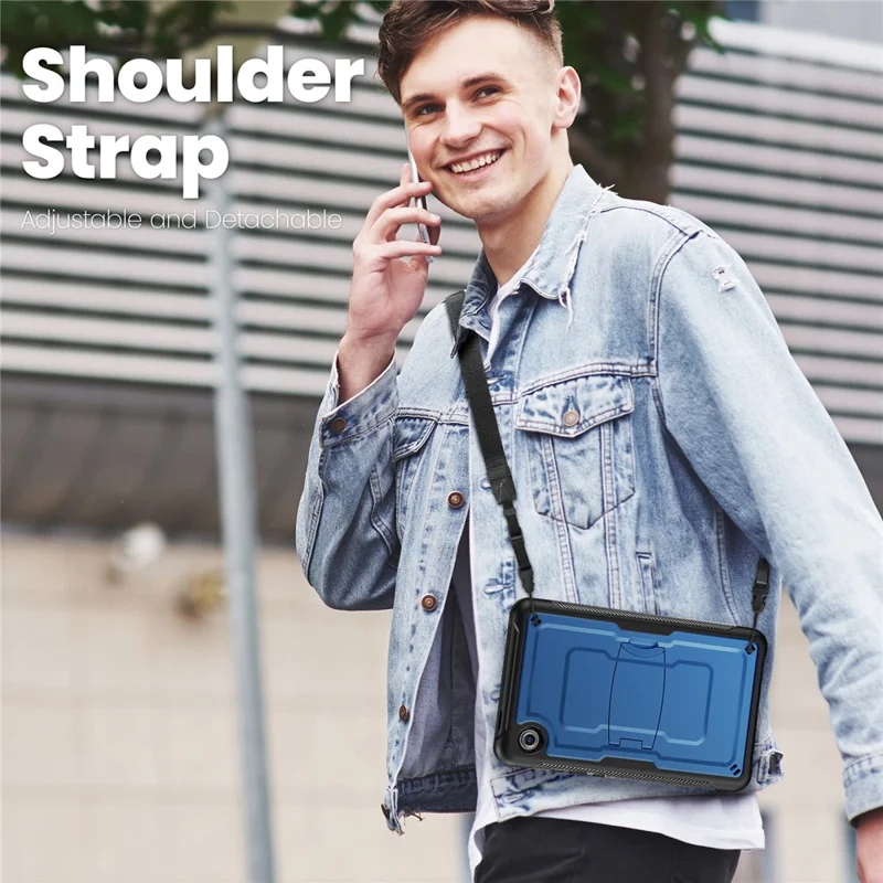 For Samsung Galaxy Tab A11 / A9 Case Hidden Zinc Alloy Kickstand PC + TPE Tablet Cover with Shoulder Strap - Navy Blue