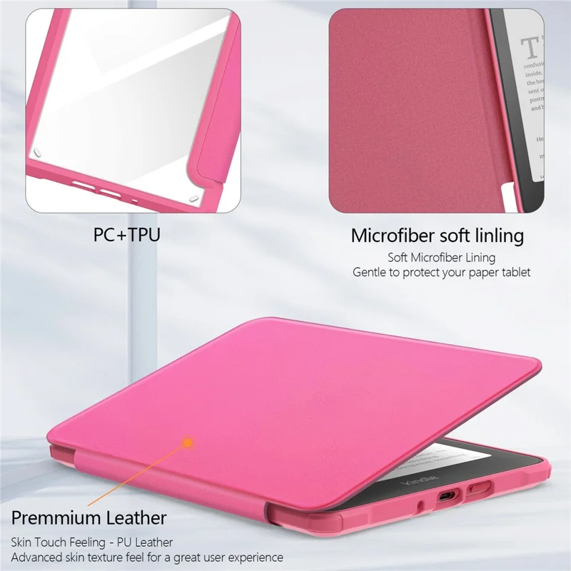 Capa Protetora para Amazon Kindle Paperwhite (2024) - Cobertura de Couro com Parte Traseira Transparente e Suporte para Ativação/Desativação Automática - Rosa Escuro