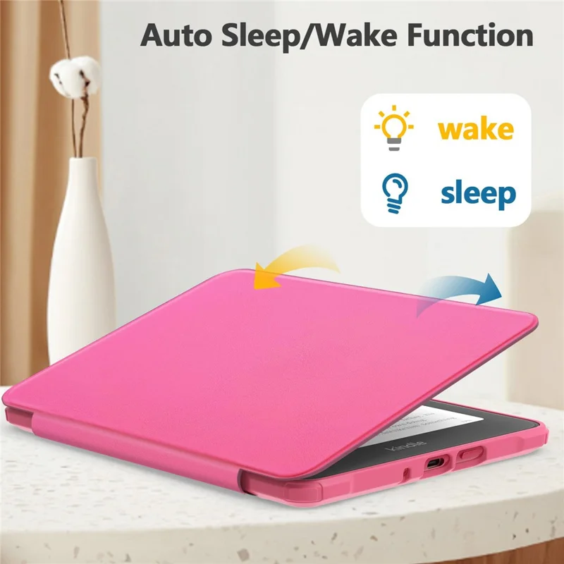 Capa Protetora para Amazon Kindle Paperwhite (2024) - Cobertura de Couro com Parte Traseira Transparente e Suporte para Ativação/Desativação Automática - Rosa Escuro
