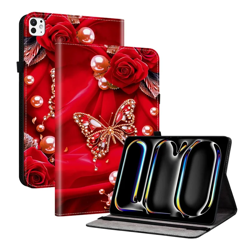 For iPad Pro 13 (2025)  /  (2024) Leather Case Pattern Printed Stand Tablet Cover with Card Slots - Pearl Butterfly Rose