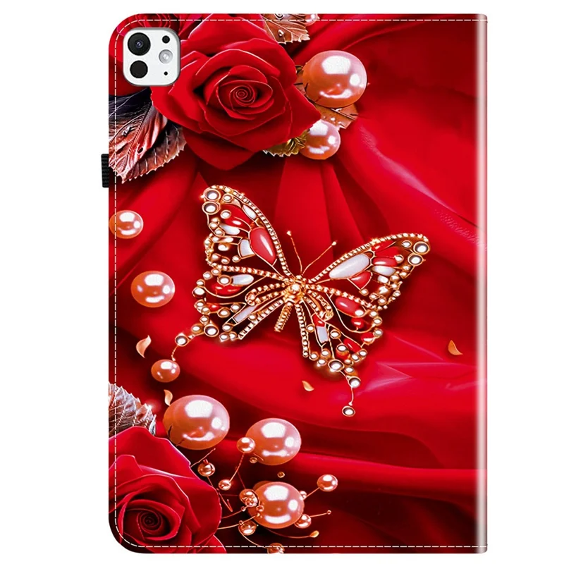 For iPad Pro 13 (2025)  /  (2024) Leather Case Pattern Printed Stand Tablet Cover with Card Slots - Pearl Butterfly Rose