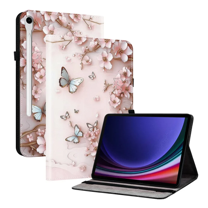 Lederhülle für Samsung Galaxy Tab S10 Lite / S10 FE / S9 / S9 FE, gemusterter Standfuß-Tablet-Cover mit Kartenfächern - Rosa Schmetterling