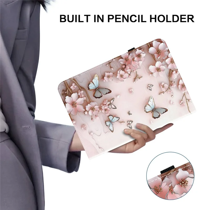 Lederhülle für Samsung Galaxy Tab S10 Lite / S10 FE / S9 / S9 FE, gemusterter Standfuß-Tablet-Cover mit Kartenfächern - Rosa Schmetterling