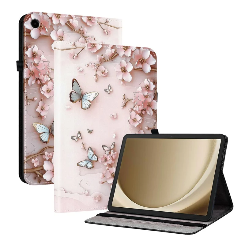 Voor Samsung Galaxy Tab A11+ / A9+ Leren Hoesje met Patroon Bedrukte Stand Tablet Cover met Kaartvakken - Roze Vlinder