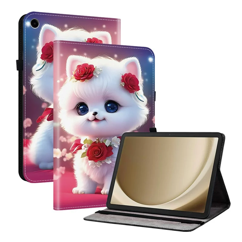 For Samsung Galaxy Tab A11+  /  A9+ Leather Case Pattern Printed Stand Tablet Cover with Card Slots - Rose Cat