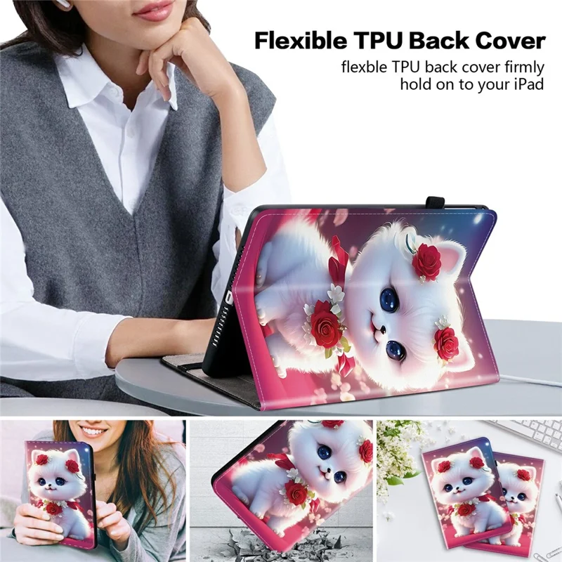 For Samsung Galaxy Tab A11+  /  A9+ Leather Case Pattern Printed Stand Tablet Cover with Card Slots - Rose Cat