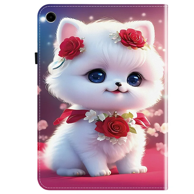For Samsung Galaxy Tab A11+  /  A9+ Leather Case Pattern Printed Stand Tablet Cover with Card Slots - Rose Cat