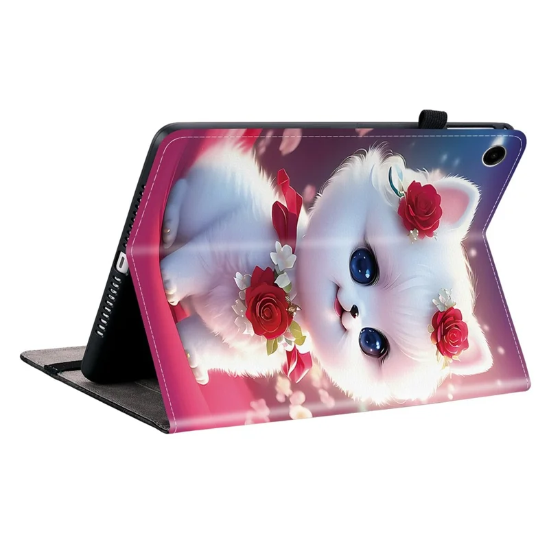 For Samsung Galaxy Tab A11+  /  A9+ Leather Case Pattern Printed Stand Tablet Cover with Card Slots - Rose Cat