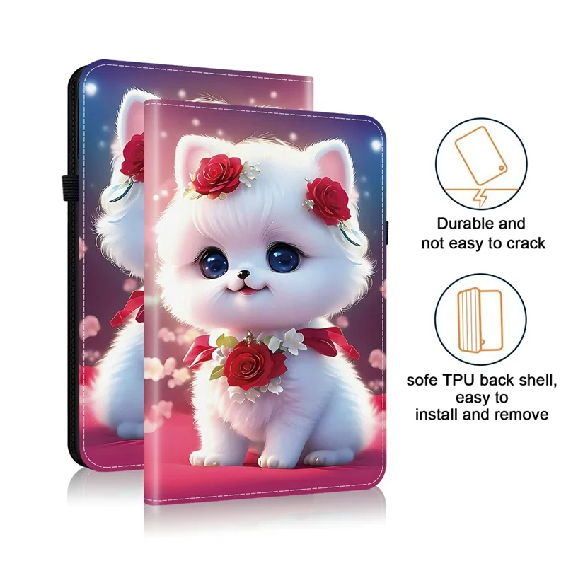 For Samsung Galaxy Tab A11+  /  A9+ Leather Case Pattern Printed Stand Tablet Cover with Card Slots - Rose Cat