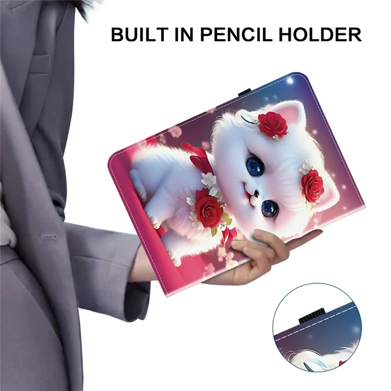 For Samsung Galaxy Tab A11+  /  A9+ Leather Case Pattern Printed Stand Tablet Cover with Card Slots - Rose Cat