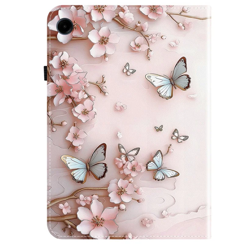 Etui skórzane z wzorem motyla do Samsung Galaxy Tab A11 / A9, etui z podstawką i kieszeniami na karty - różowy motyl