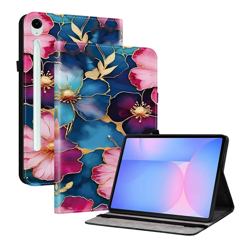 For Samsung Galaxy Tab S10 FE+ Leather Case Pattern Printed Stand Tablet Cover with Card Slots - Blue Gold Flower