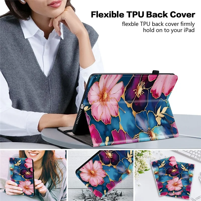 For Samsung Galaxy Tab S10 FE+ Leather Case Pattern Printed Stand Tablet Cover with Card Slots - Blue Gold Flower