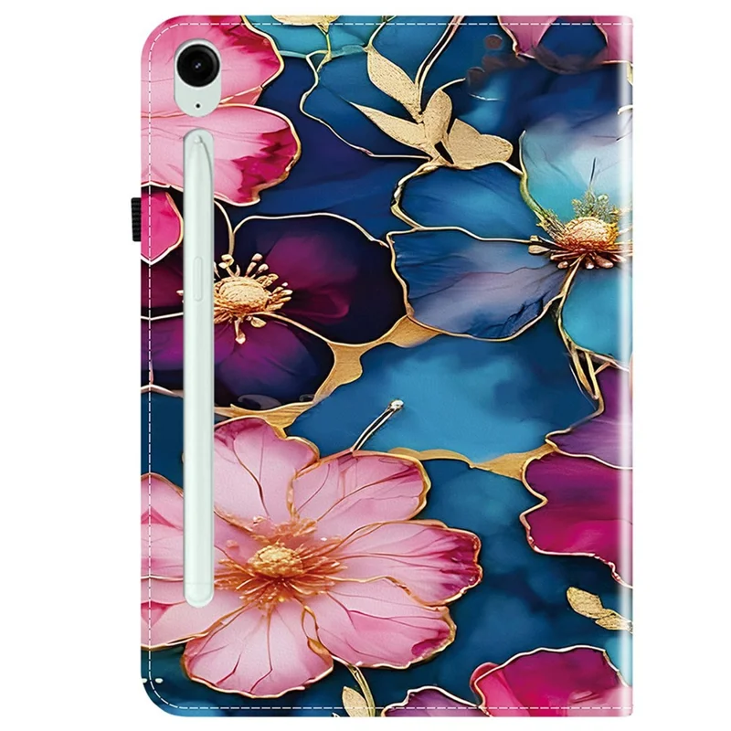 For Samsung Galaxy Tab S10 FE+ Leather Case Pattern Printed Stand Tablet Cover with Card Slots - Blue Gold Flower