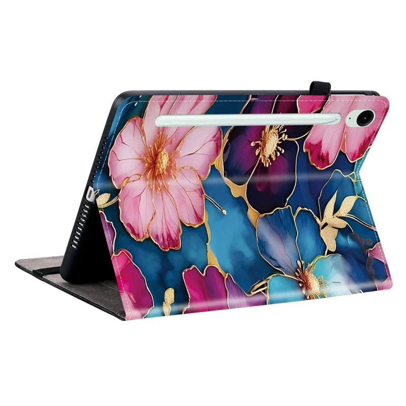 For Samsung Galaxy Tab S10 FE+ Leather Case Pattern Printed Stand Tablet Cover with Card Slots - Blue Gold Flower