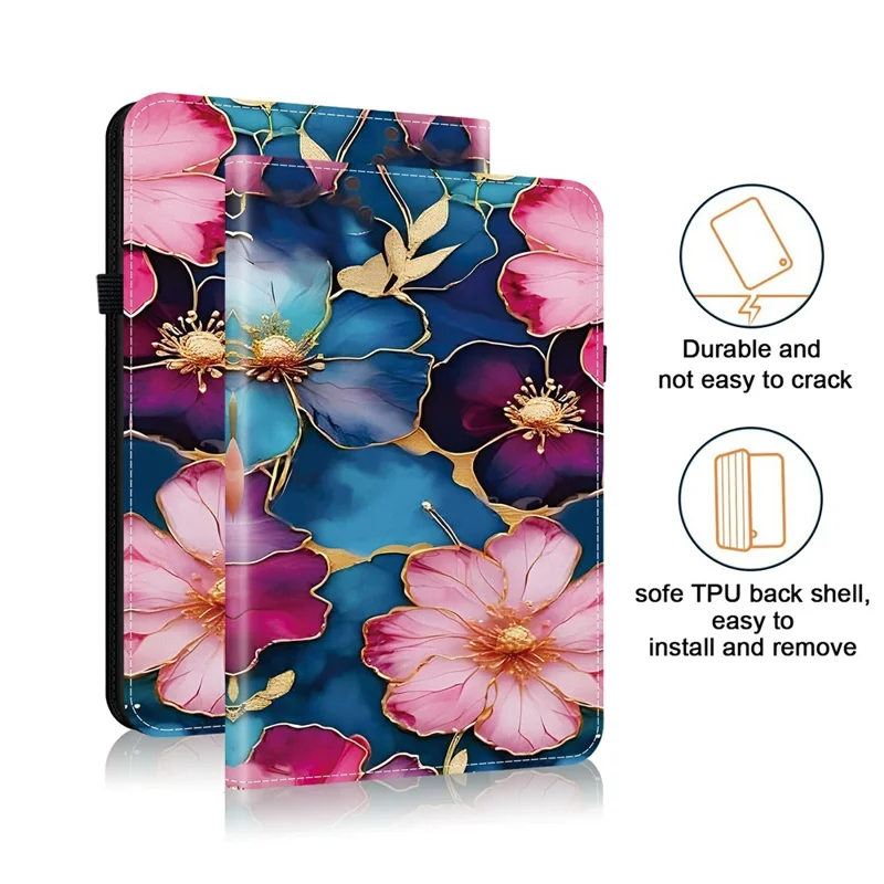 For Samsung Galaxy Tab S10 FE+ Leather Case Pattern Printed Stand Tablet Cover with Card Slots - Blue Gold Flower