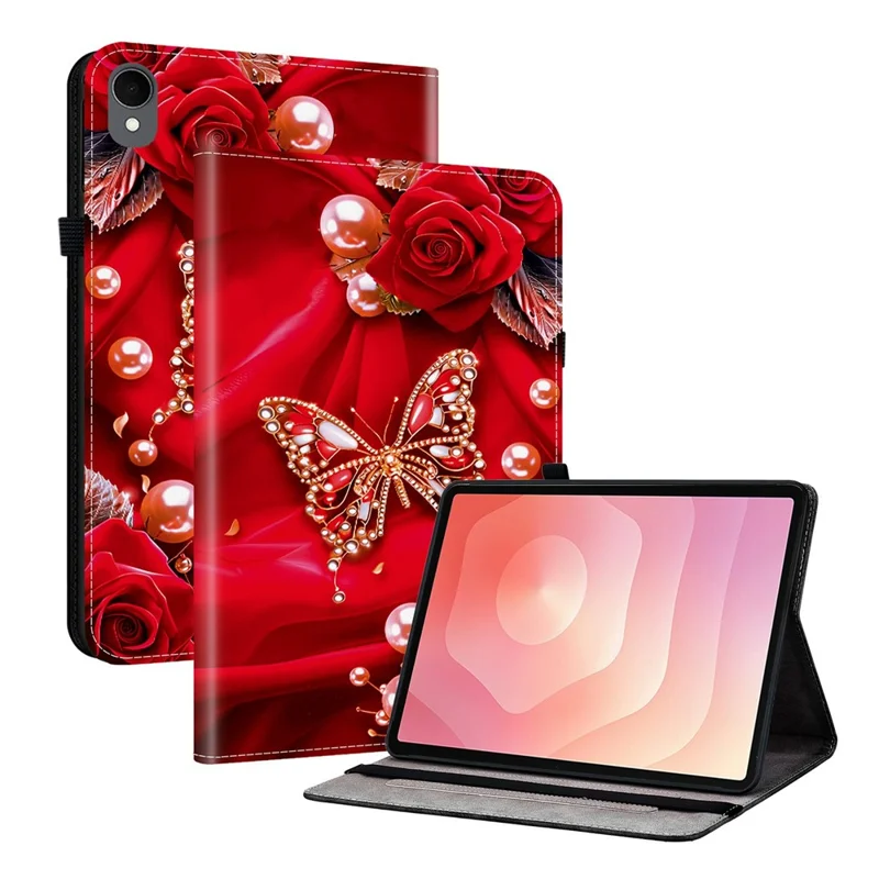 For Samsung Galaxy Tab S11 Leather Case Pattern Printed Stand Tablet Cover with Card Slots - Pearl Butterfly Rose
