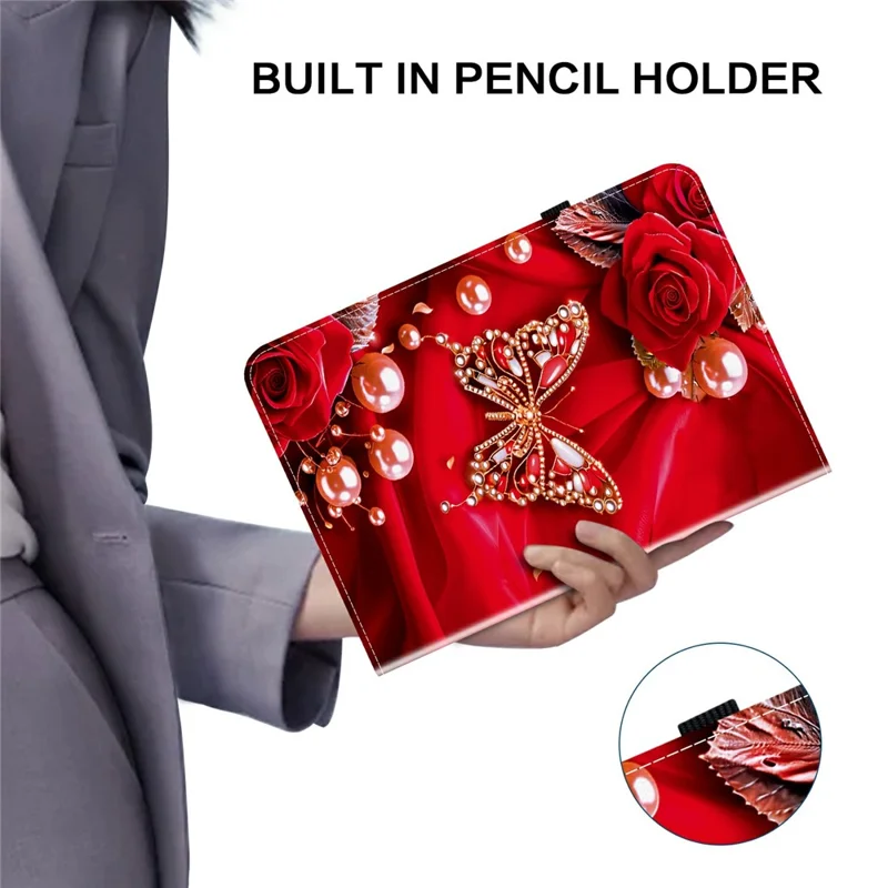 For Samsung Galaxy Tab S11 Leather Case Pattern Printed Stand Tablet Cover with Card Slots - Pearl Butterfly Rose