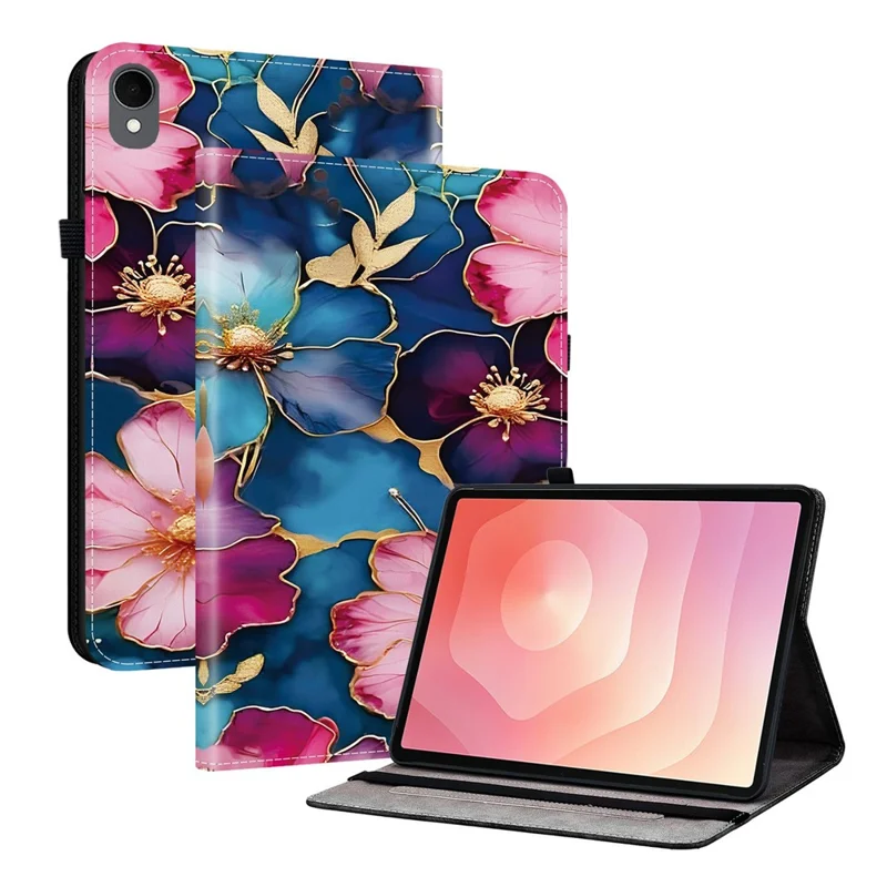 For Samsung Galaxy Tab S11 Leather Case Pattern Printed Stand Tablet Cover with Card Slots - Blue Gold Flower
